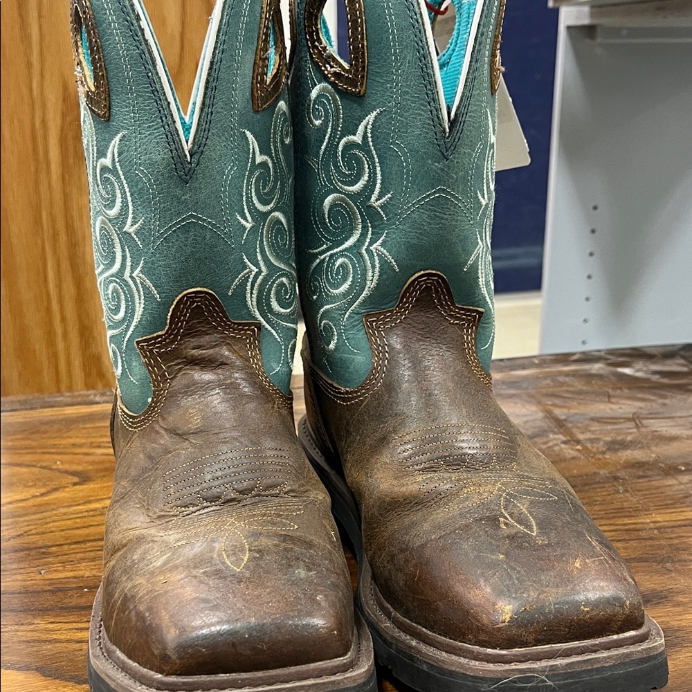 Tony Lama Teal and Brown Western Work Boots - Picture 2 of 3